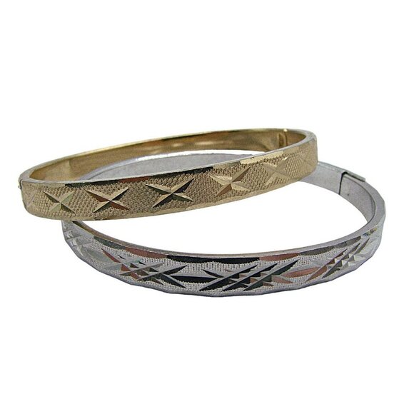 Set of 2 Vintage Gold Silver Tone Diamond Cut Hinge Snap Close Bangle Bracelets - Picture 9 of 9